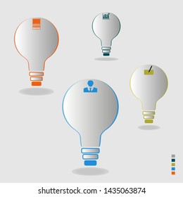 Visualization of business data, infographics. Scheme of process elements using graphs, diagrams of bulbs in four steps, icons, variants, parts. Business vector for presentation.