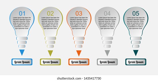 Visualization of business data, infographics. Scheme of process elements using graphs, diagrams in the form of five bulbs, numbers, icons, text, variants, parts. Business vector for presentation.