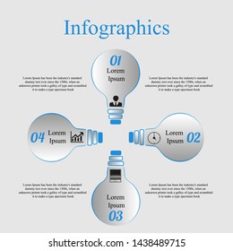 Visualization of business data, infographics. Scheme of process elements using graphs, diagrams of figures deployed in four stages, numbers, icons, variants, text, parts. Business vector for presentat