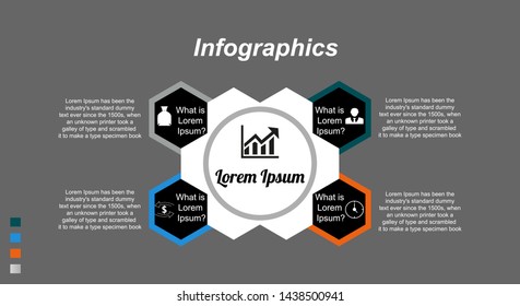 Visualization of business data, infographics. Scheme of process elements using graphs, hexagon diagrams in four stages, numbers, variants, icons, text, parts. Business vector for presentation.