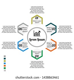 Visualization of business data, infographics. Scheme of process elements using graphs, charts of hexagons in six steps, infographics, icons, text, numbers, variants, parts. Business vector for present