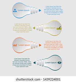 Visualization of business data, infographics. Scheme of process elements using graphs, diagrams of figures - bulbs deployed in different directions in four stages, numbers, variants, icons, text, part