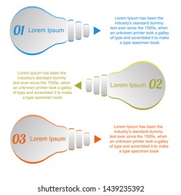 Visualization of business data, infographics. Scheme of process elements using graphs, diagrams of figures - bulbs deployed in different directions on three stages, numbers, variants, icons, text, par