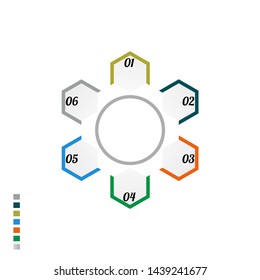Visualization of business data, infographics. Scheme of process elements using graphs, charts of hexagons on six stages, numbers, variants, parts. Business vector for presentation.