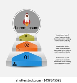 Visualization of business data, infographics. Scheme of process elements using graphs, diagrams of the steps in the top three stages, numbers, variants, icons, text on the right, parts. Business vecto