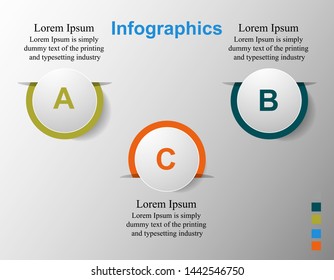 Visualization of business data, infographics. Scheme of process elements using graphs, diagrams circles cut into three stages, letters, text, variants, parts. Business vector for presentation.