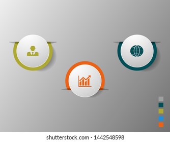 Visualization of business data, infographics. Scheme of process elements using graphs, diagrams circles cut into three stages, icons, without text, variants, parts. Business vector for presentation.