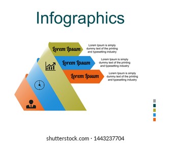 Visualization of business data, infographics. Scheme of process elements using graphs, diagrams, triangles curved three stages, numbers, variants, icons, text, parts. Business vector for presentation.