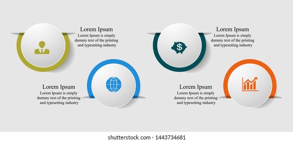 Visualization of business data, infographics. Scheme of process elements using graphs, diagrams cut circle in four stages, with icons, text, variants, parts. Business vector for presentation.