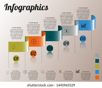 Visualization of business data, infographics. Scheme of process elements using graphs, diagrams on five stages, numbers, icons, text, variants, parts. Business vector for presentation.