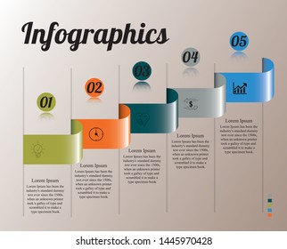 Visualization of business data, infographics. Scheme of process elements using graphs, diagrams on five stages, numbers, icons, text from below, variants, parts. Business vector for presentation.
