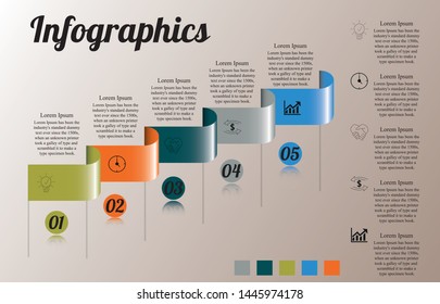 Visualization of business data, infographics. Scheme of the process of elements using graphs, diagrams on five stages, numbers, icons, additional text on the right, options, parts.