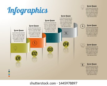 Visualization of business data, infographics. Scheme of the process of elements using graphs, diagrams in four stages, numbers, icons, additional text on the right, options, parts.