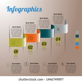 Visualization of business data, infographics. Scheme of process elements using graphs, diagrams, rectangles bent four stages, icons, text, numbers, variants, parts. Business vector for presentation.