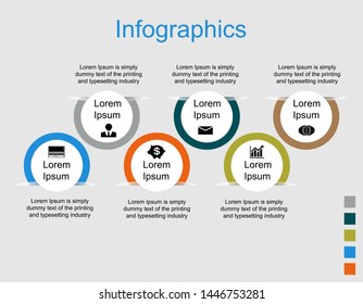 Visualization of business data, infographics. Scheme of process elements using graphs, diagrams circles cut into six stages, numbers, variants, icons, text, parts. Business vector for presentation.