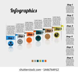 Visualization of business data, infographics. Scheme of process elements using graphs, diagrams, rectangles arched on six stages, icons, variants, numbers, text on the right, parts.
