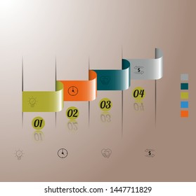 Visualization of business data, infographics. Scheme of process elements using graphs, diagrams, rectangles bent four stages, numbers, icons, variants, parts. Business vector for presentation.