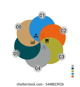Visualization of business data, infographics. Scheme of process elements using graphs, diagrams on six stages, numbers, icons, variants, parts. Business vector for presentation.