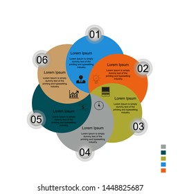Visualization of business data, infographics. Scheme of process elements using graphs, diagrams on six stages, numbers, icons, text, variants, parts. Business vector for presentation.