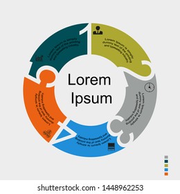 Visualization of business data, infographics. Scheme of process elements using graphs, circle diagrams with cut letters for five stages, numbers, text, icons, variants, parts. Business vector for pres