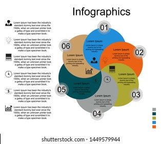 Visualization of business data, infographics. Scheme of process elements using graphs, a diagram in the form of a flower in six stages, numbers, icons, text on the left, variants, parts. 