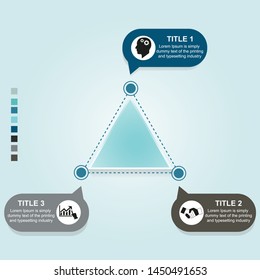 Visualization of business data, infographics. Scheme of process elements using graphs, diagrams triangle and ovals in three stages, numbers, variants, text, icons, parts, color scheme. Business vector