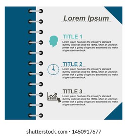 Visualization of business data, infographics. Scheme of the process in the form of a notebook, in three stages, numbers, variants, parts, icons, text. Business vector for presentation.