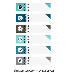 Visualization of business data, infographics. Scheme of process elements using graphs, diagrams rectangles are fixed in six stages, icons, without text, variants, parts. Business vector for presentati