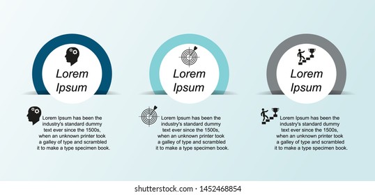Visualization of business data, infographics. Scheme of the process of elements using graphs, diagrams of a circle of three steps, icons, variants, parts, text. Business vector for presentation.