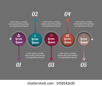 Visualization of business data, infographics. Scheme of the process elements using graphs, diagrams circle with arrows on five stages, numbers, icons, variants, parts. Business vector for presentation