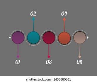 Visualization of business data, infographics. Scheme of process elements using graphs, diagrams, circles by five steps, numbers, icons, variants, parts. Business vector for presentation.