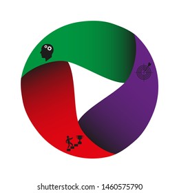Visualization of business data, infographics. Scheme of the process of elements using graphs, diagrams, a circle cut by a triangle in three stages, icons, variants, parts. Business vector for presenta