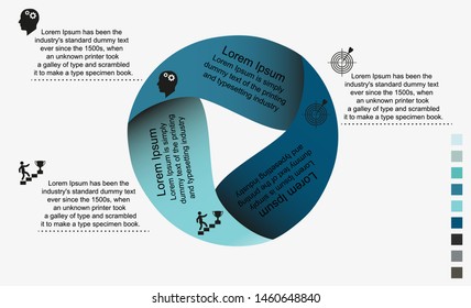 Visualization of business data, infographics. Scheme of process elements using graphs, charts, a circle cut by a triangle in three stages, icons, variants, parts, text and icons outside the circle.