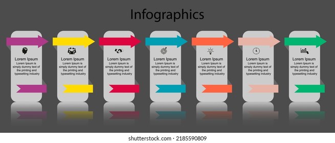 Visualization of business data, infographics. Scheme of the process of elements using graphics, diagrams for seven stages, numbers, options, parts. Business vector for presentation.