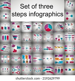 Visualization of business data, infographics. Scheme of the process of elements with the help of graphics, diagrams, a set of infographics for three stages, numbers, options, parts. Business vector  