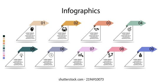 Visualization of business data, infographics. Scheme of the process of elements using graphics, diagrams for 9 stages, numbers, options, parts. Business vector for presentation.