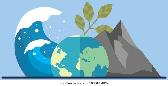 Visualization of climate change on planet. Tsunami heading towards planet. Climate and environmental change on Earth. Globe surrounded by mountains and plants. Huge wave grows to cover Earth