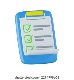 visualization of completed checklist icon with green checkmarks and wrapped piece of paper on clipboard. Vector 3D illustration