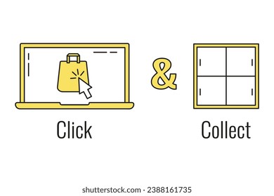 Visualization of the concept of Click and Collect. Laptop, Mouse cursor and Locker. Concept online order or internet shopping. Ecommerce, internet sales and retail. Suitable for web and apps