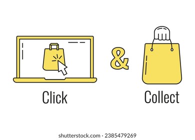 Visualization of the concept of Click and Collect. Сomputer, mouse cursor, goods. Concept about internet shopping. Ecommerce, internet sales and retail. Suitable for web and apps.