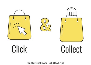 Visualización del concepto de Click y Collect. Cursor del ratón y artículos. Concepto de pedido en línea o compra por Internet. Comercio electrónico, ventas por internet y venta minorista. Adecuado para web y aplicaciones.