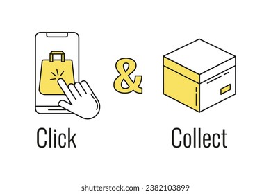 Visualización del concepto de Click y Collect. Smartphone, puntero de mano y caja. Concepto de pedido en línea o compra por Internet. Comercio electrónico, ventas por internet y venta minorista. Adecuado para web y aplicaciones.