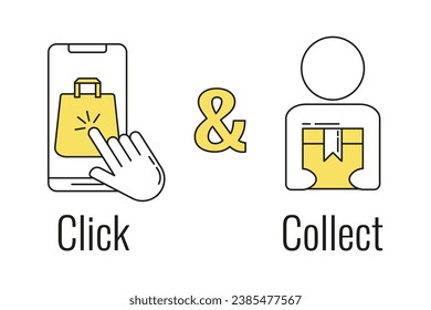 Visualization of the concept of Click and Collect. Smartphone, Hand pointer and Customer. Concept online order or internet shopping. Ecommerce, internet sales and retail. Suitable for web and apps.