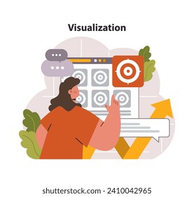 Concepto de visualización. Una mujer enfocada interactúa con un tablero digital que muestra múltiples símbolos objetivo, indicando análisis de datos e interpretación. Extracción visual. Ilustración vectorial plana