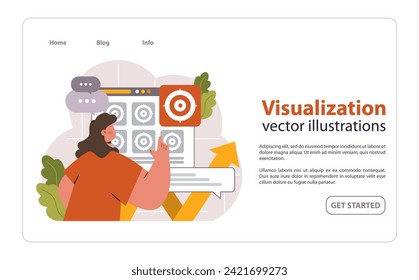 Concepto de visualización. Una mujer enfocada interactúa con un tablero digital que muestra múltiples símbolos objetivo, indicando análisis de datos e interpretación. Extracción visual. Ilustración vectorial plana