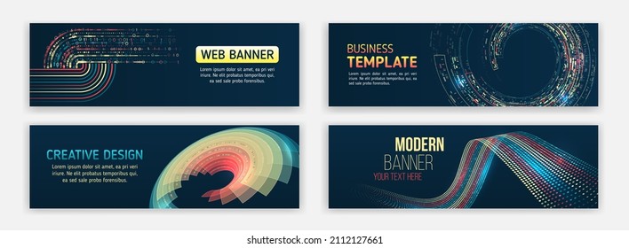 Visualization of data arrays, databases. Information flow, sorting. Set of Hi-tech banner templates for websites. Abstract social media cover design. Big data futuristic web background.