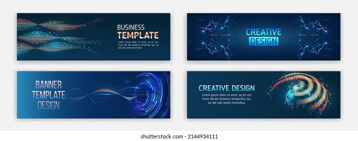 Visualization of data arrays, databases. Information flow, sorting. Set of Hi-tech banner templates for websites. Abstract horizontal promotion media cover design. Big data futuristic web background.