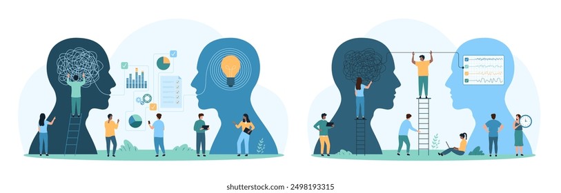 Visualization of data information analysis and classification, psychotherapy session set. Tiny people transform mess of thread into order inside human heads silhouettes cartoon vector illustration