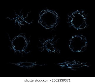 Visualization of the electric circle. A collection of vector illustrations of lightning bolts enclosed in glowing round frames on a dark isolated background, ideal for gaming GUI elements.