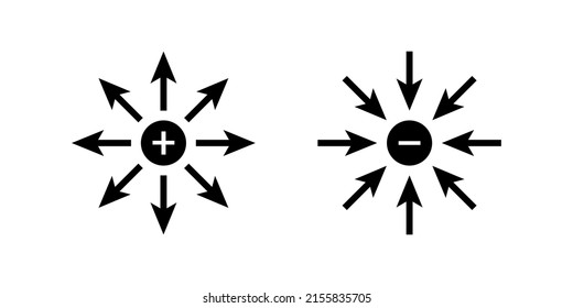 Visualization of electric field lines due to negative and positive charges. Vector illustration isolated on white background.